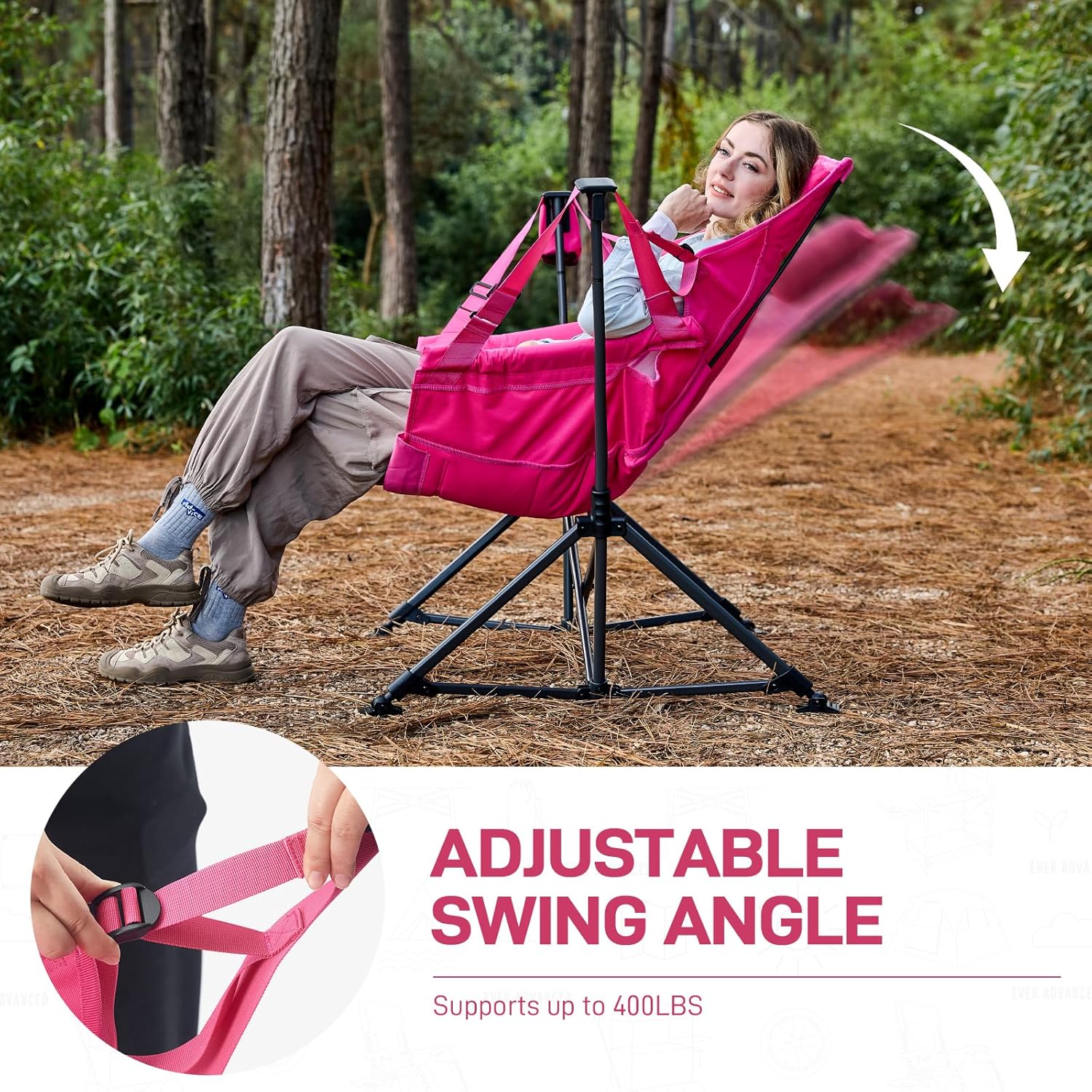 EVER ADVANCED Padded Oversized Hammock Camping Chair, Compact Heavy Duty Swing Chair with Multi-Storage Pockets, Portable Folding Rocking Camping Chair, Support Up to 400lbs, Pink
