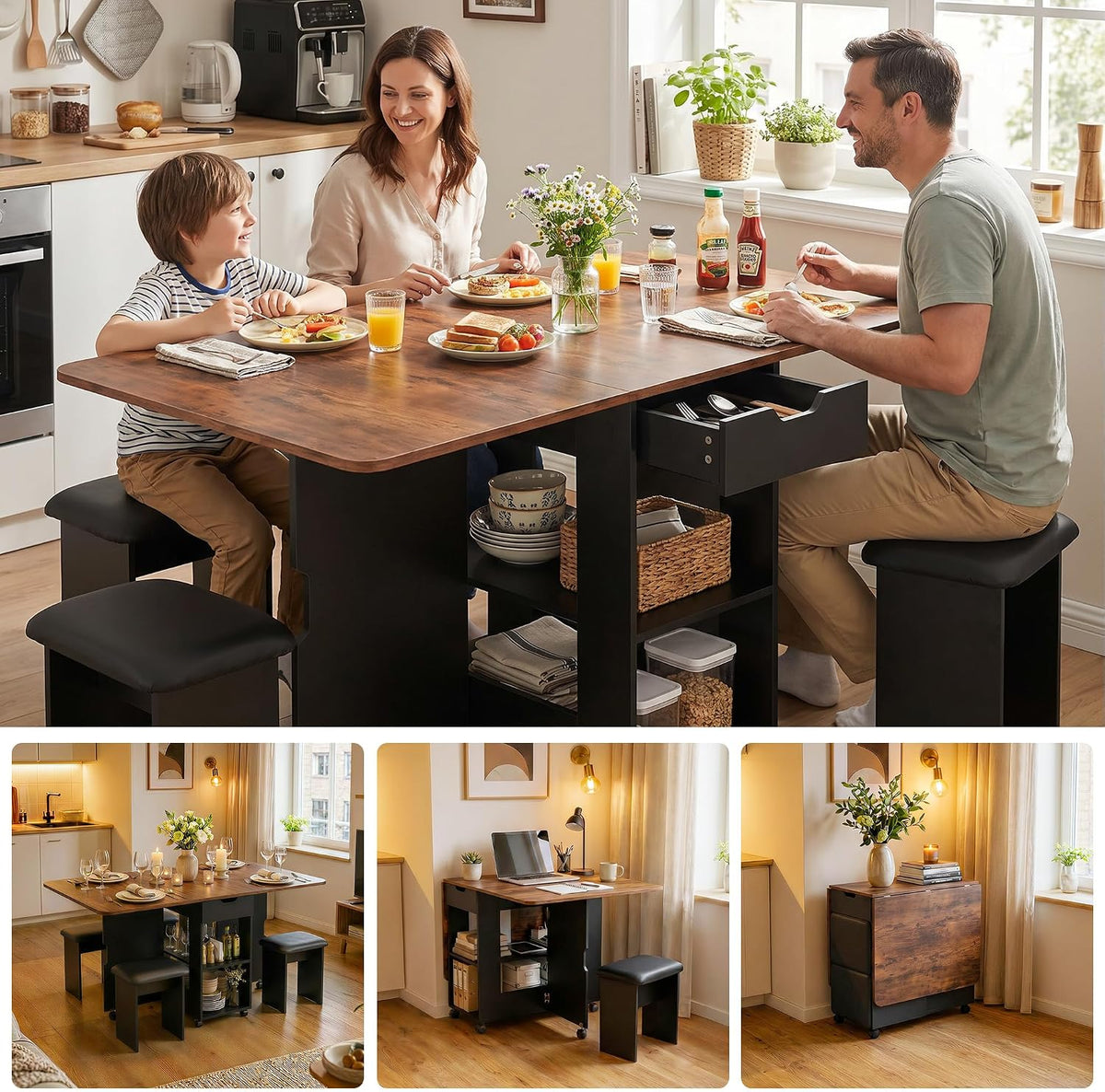 Mondeer 55" Folding Dining Table and Chairs Set 4, Cushioned Stools | 2 Drawers, Storage Shelves, Space Saving Table and Chairs for Kitchen Dining Room Small Spaces, Rustic Brown and Black