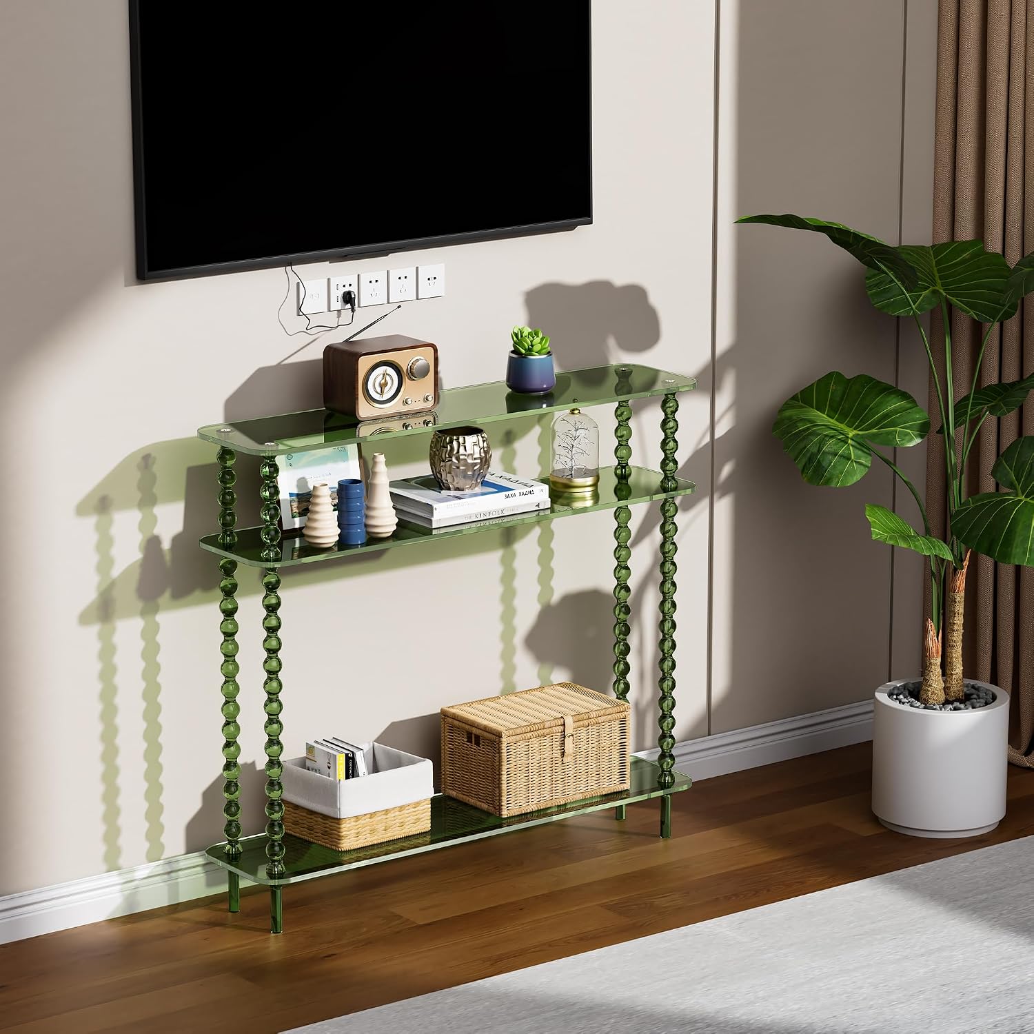 Acrylic Console Table Narrow, 3 Tier Long Entryway Table with Storage, Mid-Century Modern Sofa Table Entry Table for Living Room, Hallway (Green, 39.4“×9.4”×35.4“)