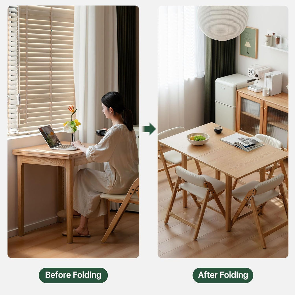 31"-47" Foldable Dining Table and Chairs Set for 4, Solid Wood Extendable Kitchen Table with Oak Wood Legs, Space-Saving Dinner Tables for Living Room, Kitchen(Original, 1table+4cushion chairs-YA)