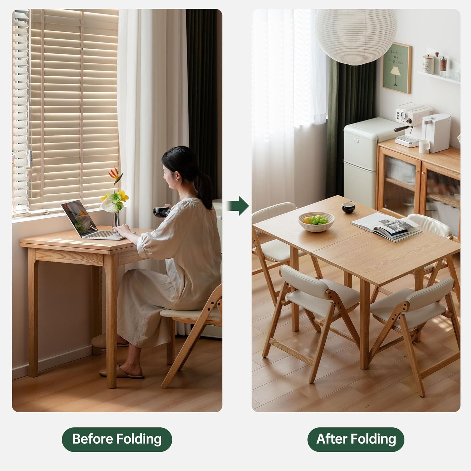 31"-47" Foldable Dining Table and Chairs Set for 4, Solid Wood Extendable Kitchen Table with Oak Wood Legs, Space-Saving Dinner Tables for Living Room, Kitchen(Original, 1table+4cushion chairs-YA)