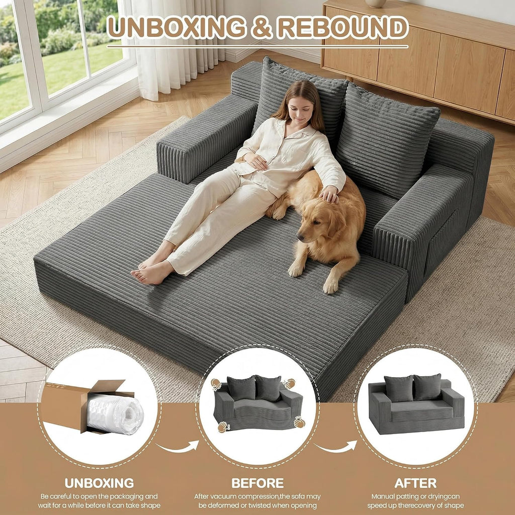 Loveseat Small Couch Bed, Futon Sleeper Sofa Bed,Convertible Pull Out Couch with 2 Pillows,Corduroy Folding Floor Couch for Living Room,No Assembly Required,Grey