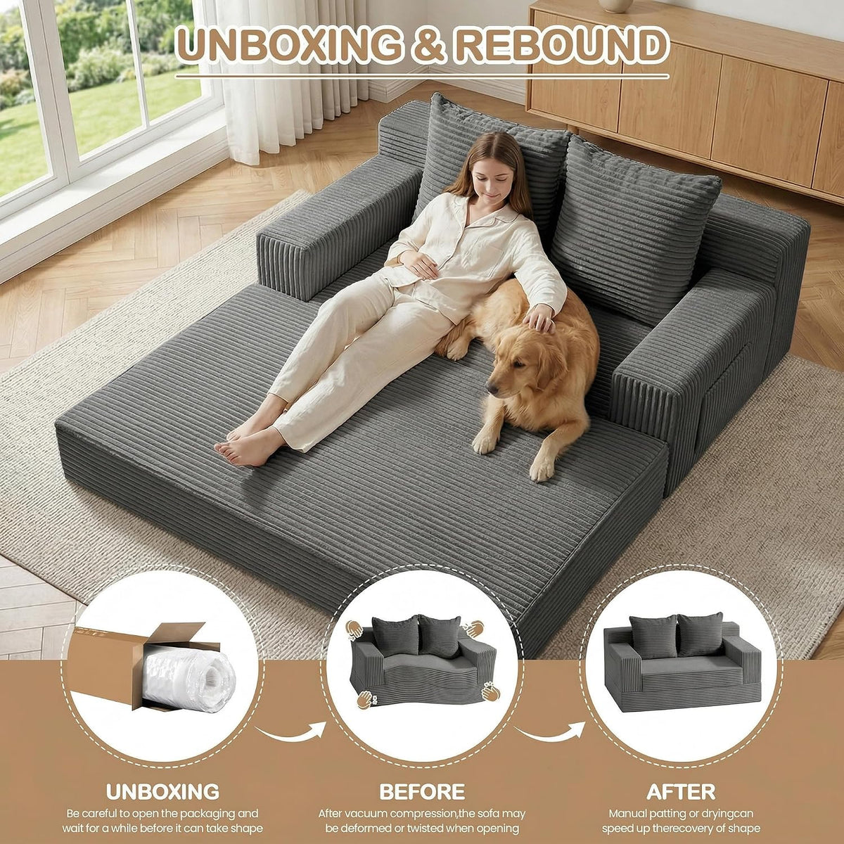 Loveseat Small Couch Bed, Futon Sleeper Sofa Bed,Convertible Pull Out Couch with 2 Pillows,Corduroy Folding Floor Couch for Living Room,No Assembly Required,Grey