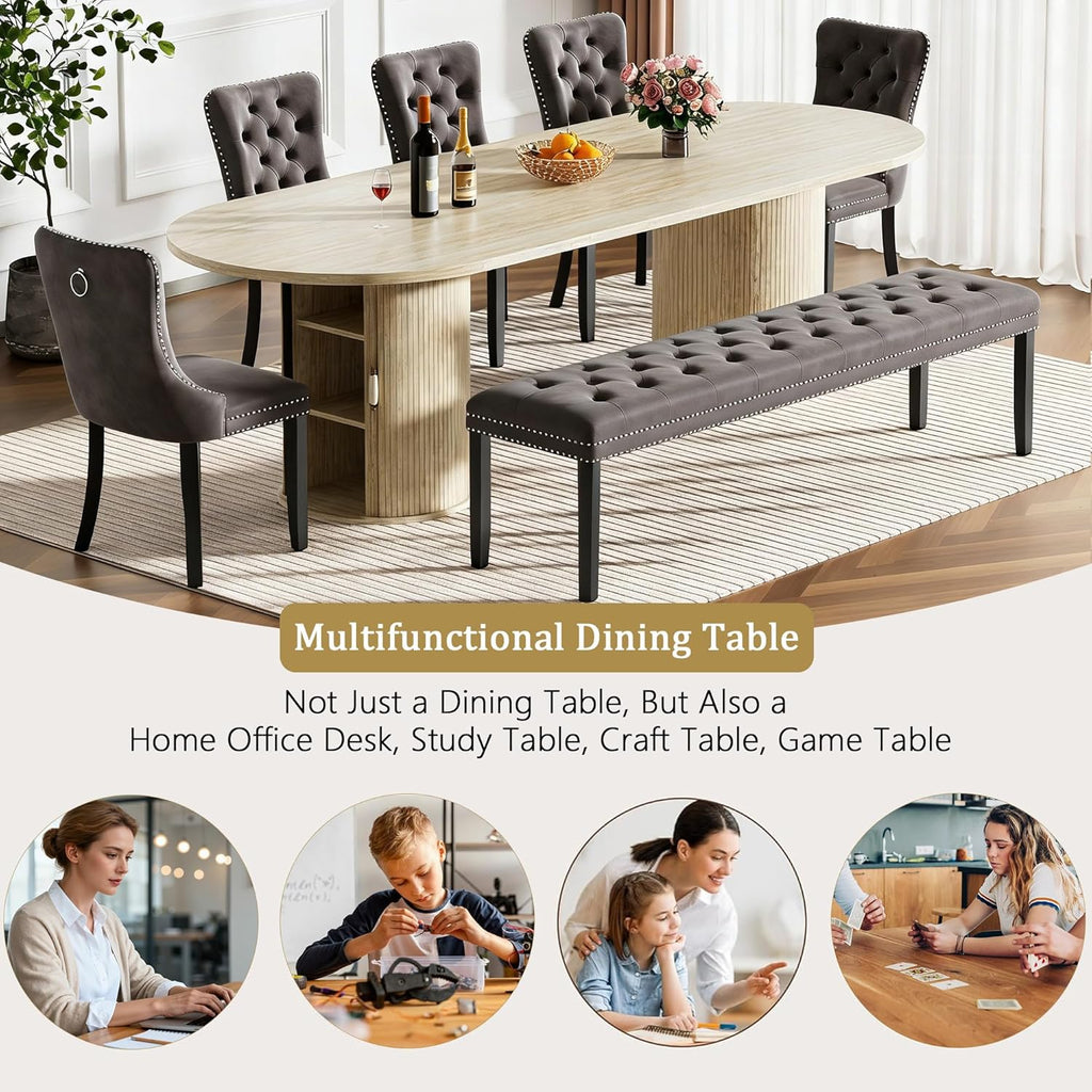 63"-94" Large Oval Extendable Dining Table for 6 8 10, Faux Travertine Expandable Kitchen Table with Fluted Cylindrical Storage Base, Modern Farmhouse Expanding Table for Dinner Party Family Gathering