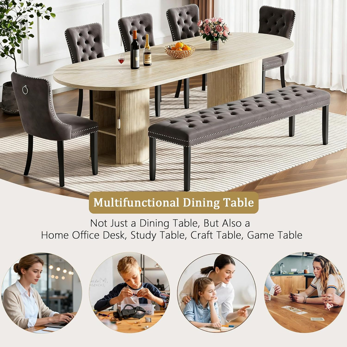 63"-94" Large Oval Extendable Dining Table for 6 8 10, Faux Travertine Expandable Kitchen Table with Fluted Cylindrical Storage Base, Modern Farmhouse Expanding Table for Dinner Party Family Gathering