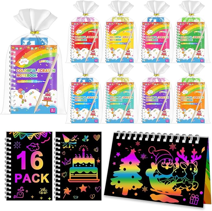 Party Favors for Kids: 16 Pack Scratch Art Notebooks with Rainbow Colors, 2-in-1 Coloring & Scratch Books, Bulk Birthday Gifts, Goodie Bags, Classroom Prizes for Boys & Girls