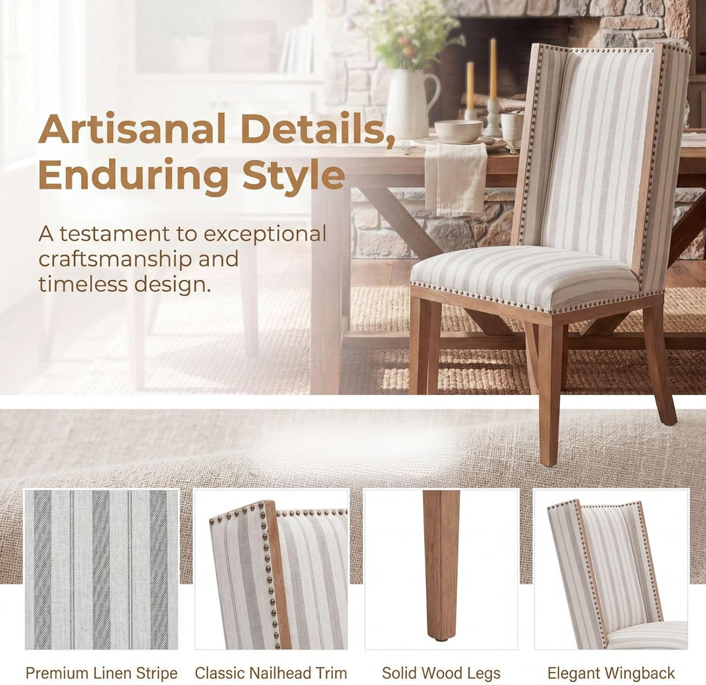 Kmax High Back Dining Chairs Set of 2, Parsons Dinner Chairs Upholstered Fabric & Nailed Trim Wood Kitchen Chairs, Khaki Stripe
