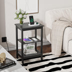 VECELO End Table with Charging Station and USB Ports, Small Wood Nightstand Modern Style, 24" Tall Living Room Side Table with 3-Tier Storage Shelves for Small Spaces, Office, Bedroom, Classic Black
