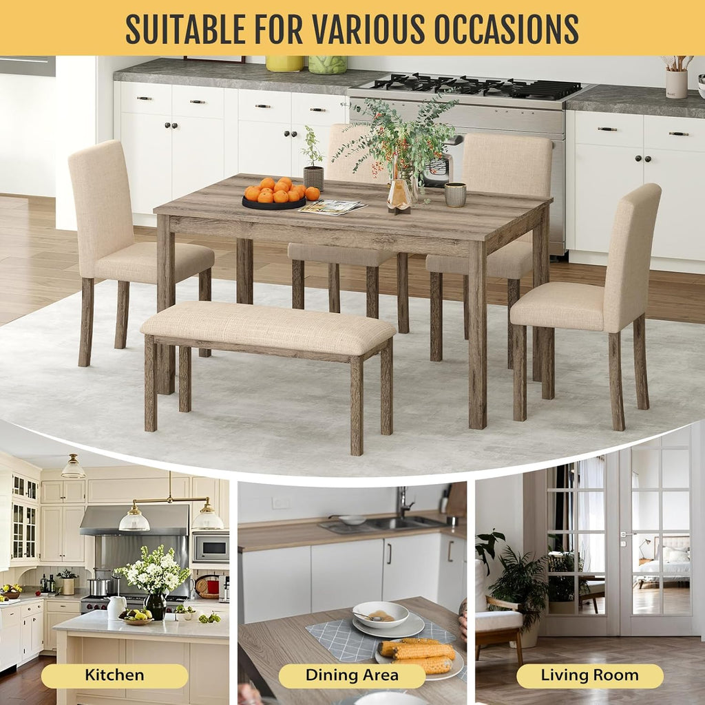 Zevemomo 6-Piece Solid Wood Dining Table Set, Including 1 Dining Table, 4 Upholstered Chairs and 1 Bench, Dining Table Sets for 6, Wooden Legs Table Set for Dining Room, Kitchen, Brown
