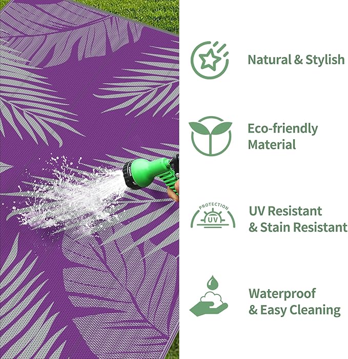 GENIMO Outdoor Rug 6' x 9' Waterproof for Patios Clearance, Reversible Plastic Straw Camping Carpet, Large Area Rugs Mats for RV, Picnic, Backyard, Deck, Balcony, Porch, Beach, Purple&Grey