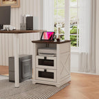 Farmhouse End Table with Charging Station, Nightstand with 2 Drawers & Open Storage,Sofa Side Table with Mesh Drawers, Design Bedside Table for Living Room, Bedroom, White