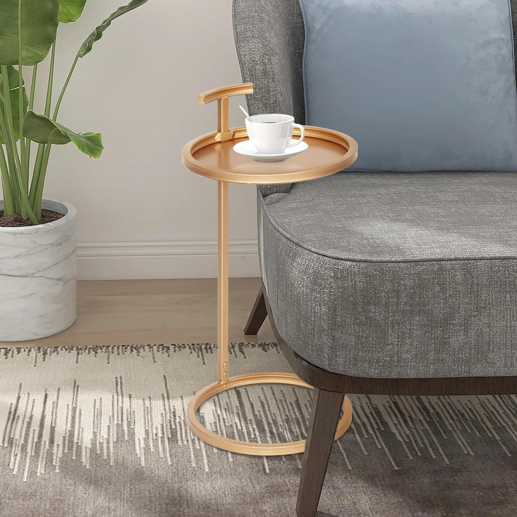 C-Shaped Base Round Metal Side Table with Carry Handle, Powder Coated Metal Frame, Round Tabletop with Raised Lip, Freestanding Portable End Table for Indoor Use
