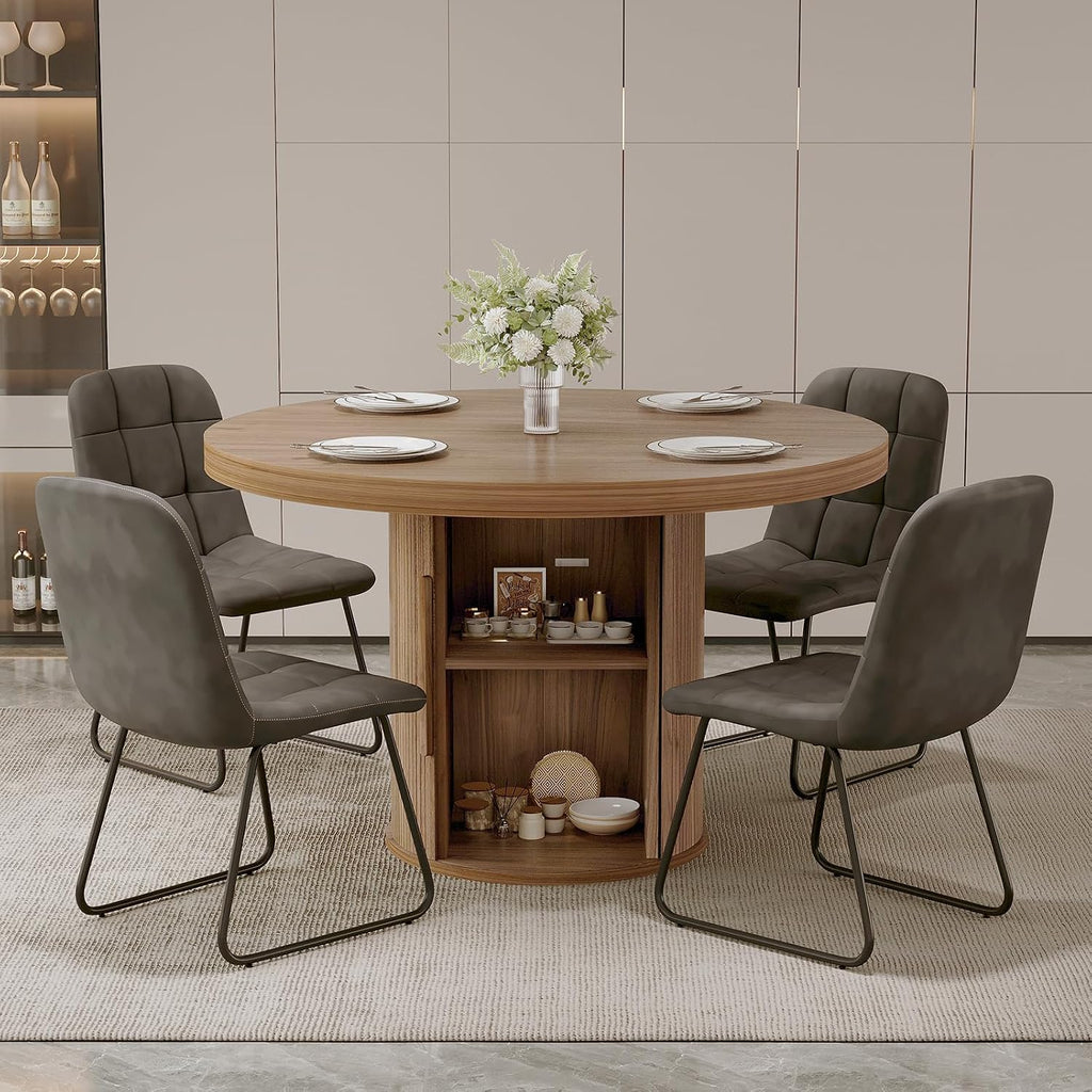 5-Piece Dining Set for Small Spaces 43.3" Round Table & 4 PU Leather Chairs, Modern Farmhouse with Storage Shelf, Apartment Kitchen Easy Assembly (Walnut Color Round Table + 4 U-Shaped Gray Chairs)