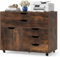 POWERSTONE Rolling File Cabinet 5-Drawer & One Side Door Storage Unit, Wood Printer Stand Drawer Cabinet with 5 Metal Wheels(2 Self-Locking) for Home Office, Coffee