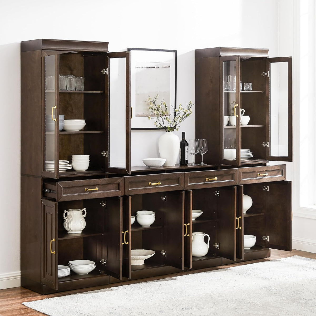 Crosley Furniture Stanton 3-Piece Sideboard Buffet Cabinet and Glass Door Kitchen Storage Pantry Set, Coffee