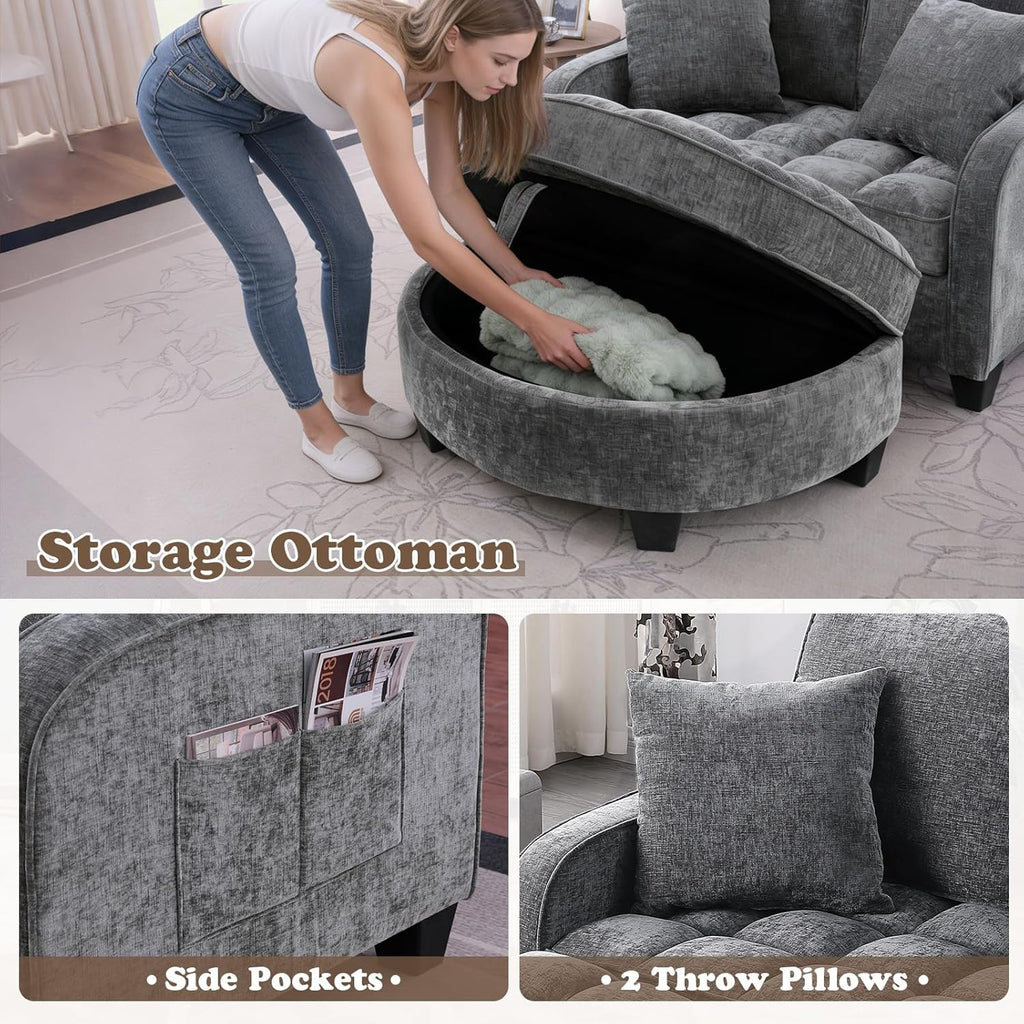 Oversized Chaise Lounge Chair Indoor with Ottoman, Chenille Tufted Comfy Loveseat Sofa Chair with Adjustable Backrest, Fluffy Recliner Sofa, Convertible Couch Sleeper Bed for Living Room(51"W, Grey)
