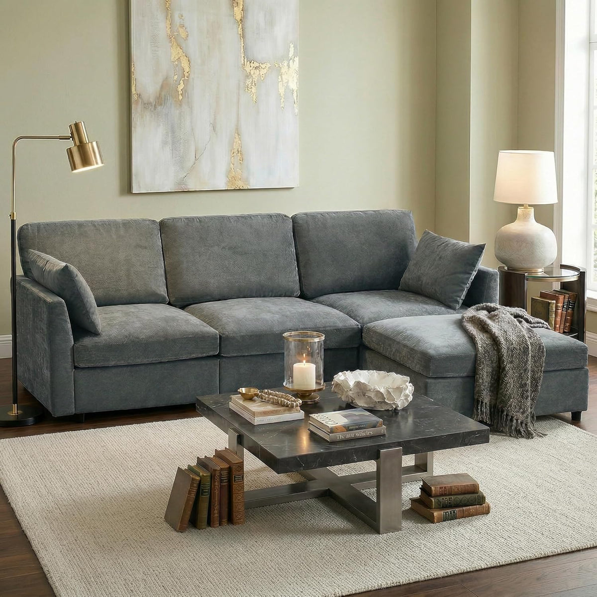 Iroomy Sectional Couch for Living Room, Comfy L Shaped Convertible Sofa, 4 Seater Modern Chenille Sofa with Ottoman, Grey