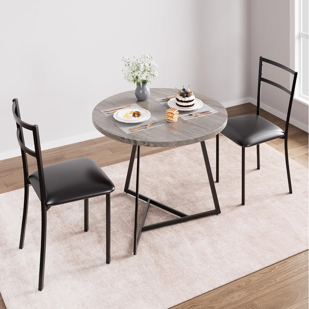 3-Piece Round Dining Set for 2 - Compact 31.4" Rustic Gray Kitchen Table with Upholstered Chairs, Space-Saving Breakfast Set for Small Spaces, Apartments & Studio Living
