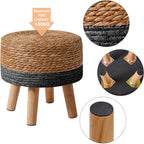 YMYNY Foot Stool, 12.6" Small Ottoman, Natural+Black,HBD027B | Natural Seagrass Hand Weave, Round Footrest, Non-Skid Wood Legs, Boho Style,for Living Room, Bedroom, Entryway