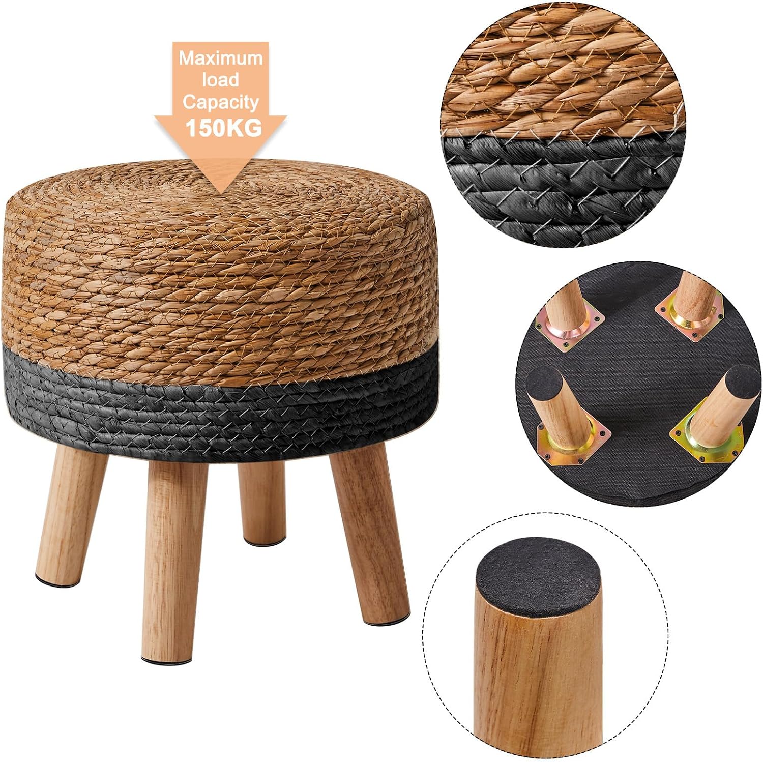 YMYNY Foot Stool, 12.6" Small Ottoman, Natural+Black,HBD027B | Natural Seagrass Hand Weave, Round Footrest, Non-Skid Wood Legs, Boho Style,for Living Room, Bedroom, Entryway