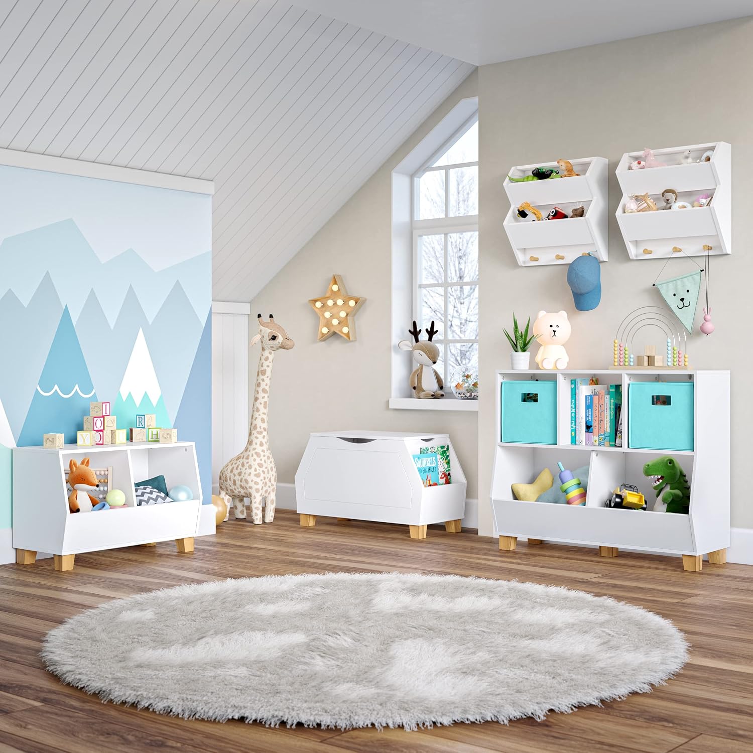 RiverRidge Kids Catch-All Toy Box with Side Bookshelves - White | Versatile Playrooom Storage Organizer with Book Racks