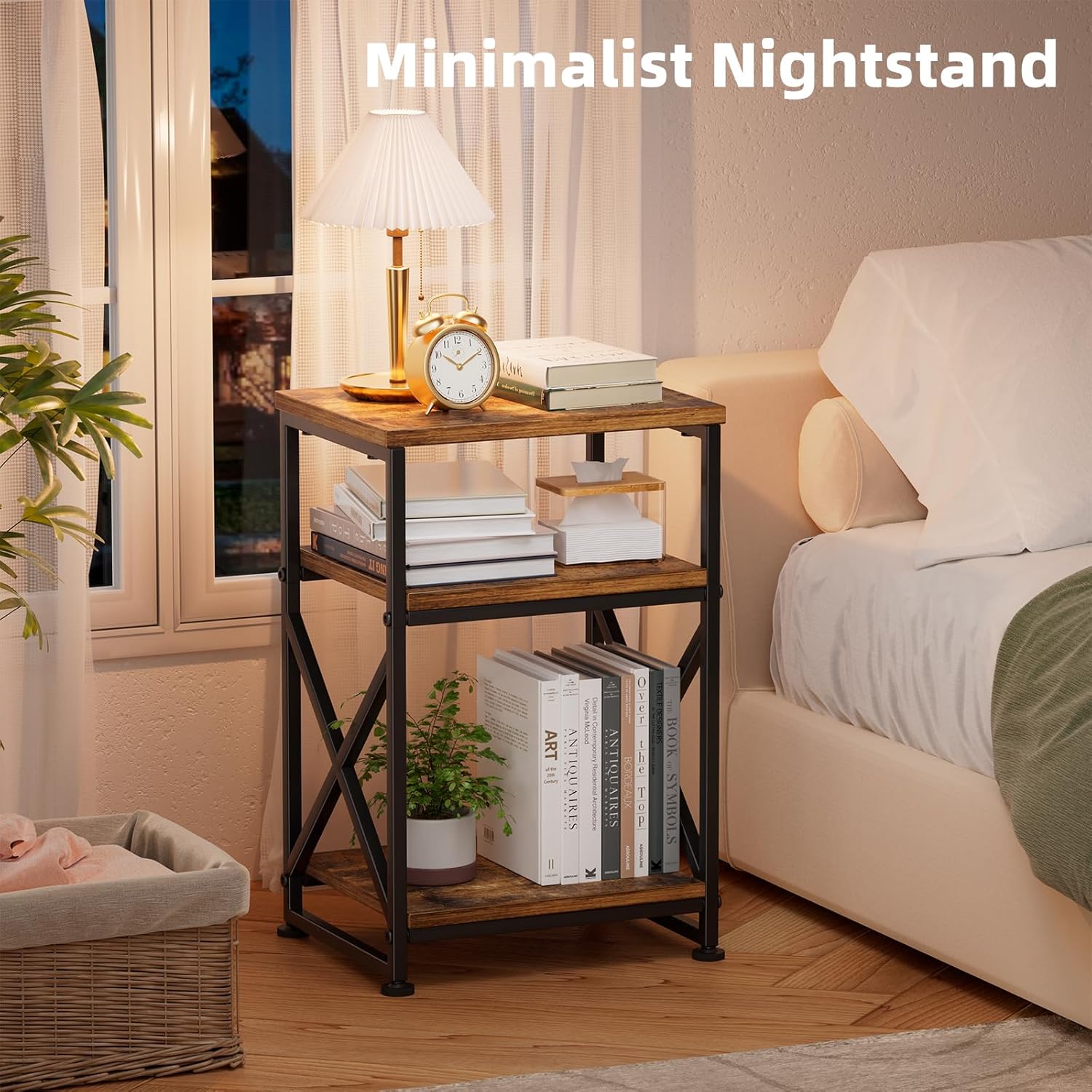 Simple Trending Side Table, End Table with 3 Tiers Open Shelves, Bedside Table for Sofa Couch, Nightstand, Living Room, Bedroom, Rustic Brown