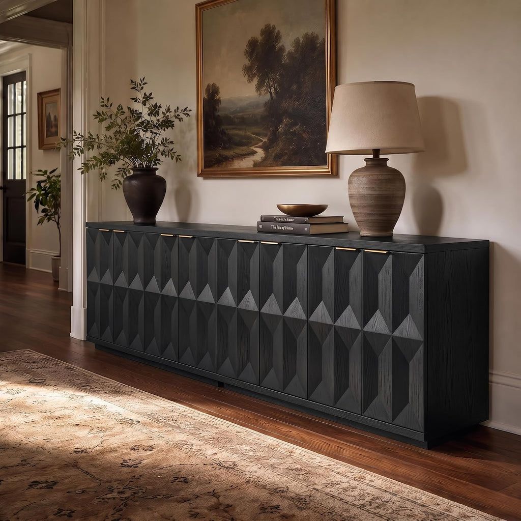Brafab 118" Sideboard Buffet Cabinet with 3D Geometric Doors, Long Credenza