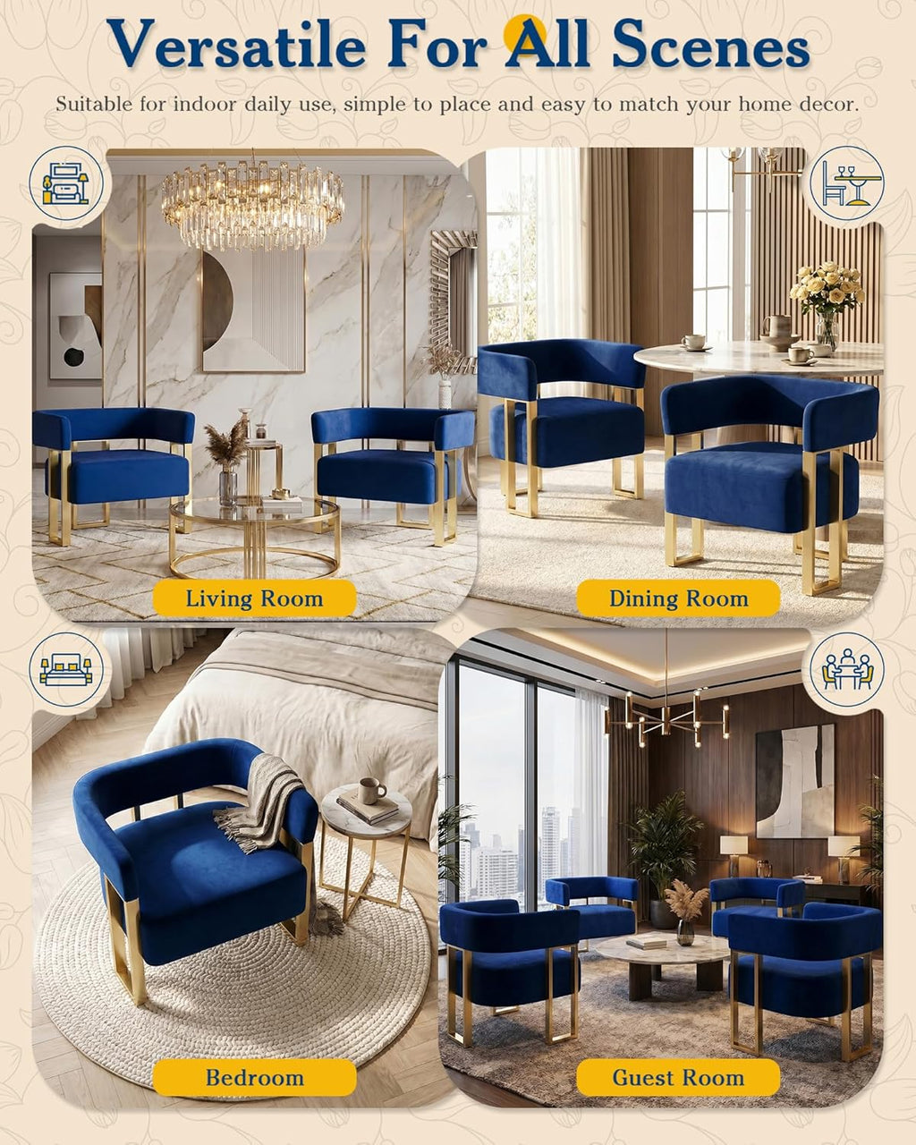 AODAILIHB Blue Modern Accent Chairs Set of 2, Velvet Barrel Chairs with Gold Metal Legs - Upholstered Armchairs for Living Room, Bedroom, Lounge & Waiting Room