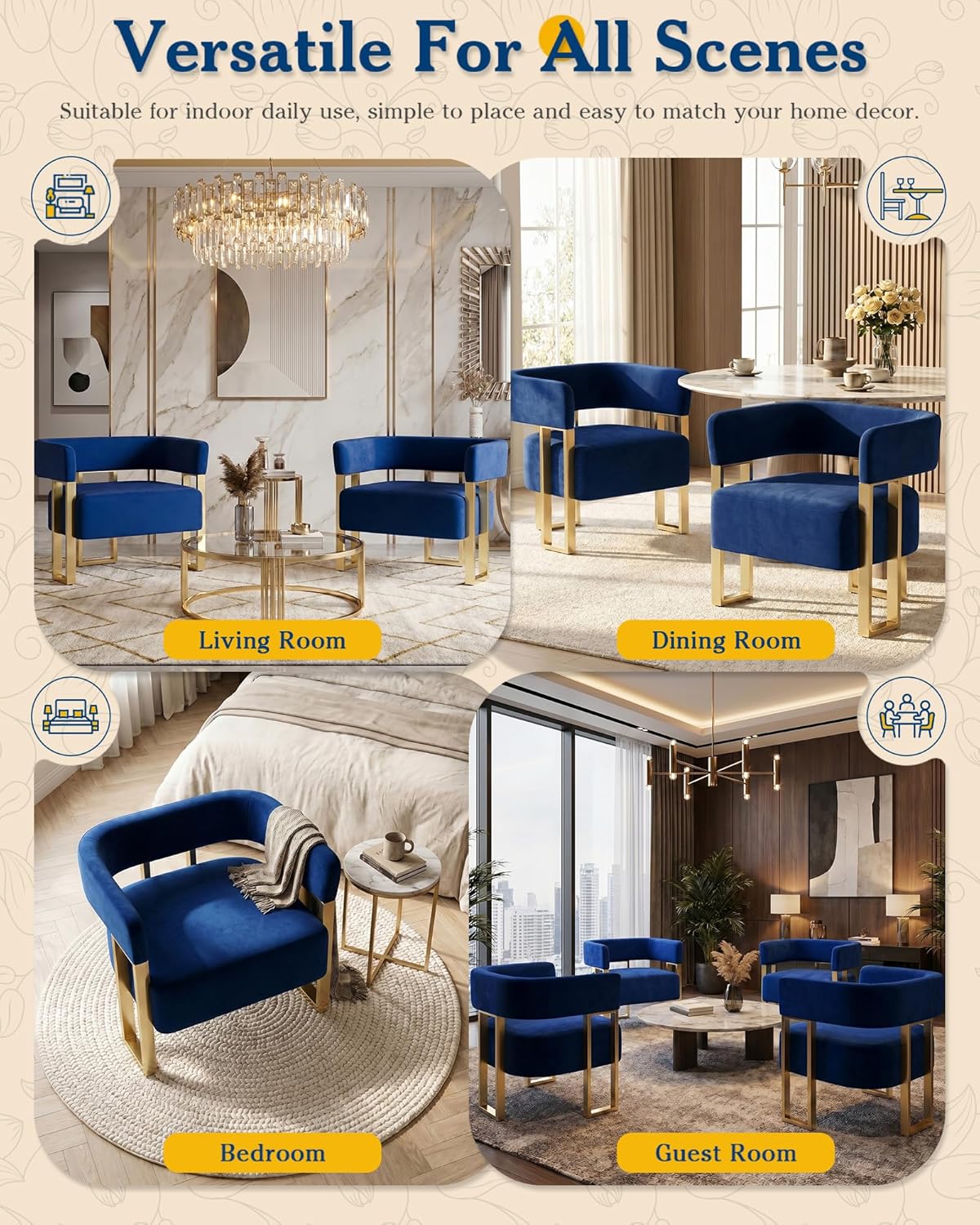 AODAILIHB Blue Modern Accent Chairs Set of 2, Velvet Barrel Chairs with Gold Metal Legs - Upholstered Armchairs for Living Room, Bedroom, Lounge & Waiting Room