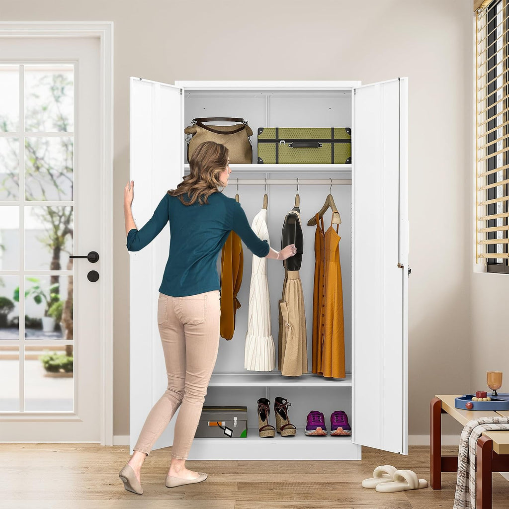Metal Wardrobe Cabinet with Hanging Rod & Lock,White Armoire Wardrobe Closet,Metal Clothing Storage Cabinet with Adjustable Shelves and Doors,72" Armoire Storage Cabinets for Home,Living/Laundry Room