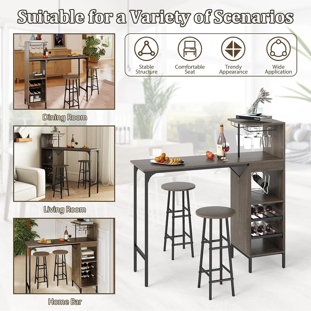 GOFLAME Bar Table Set for 2, Counter Height Dining Table Set with Shelves, Cup Holder & Wine Rack, Breakfast Table & Stools Set, 3-Piece Pub Table Set for Kitchen, Dining Room, Grey Oak