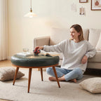 Green Round Ottoman Coffee Table, 24-Inch Faux Leather Cushioned Footstool with Solid Wood Bookshelf & Frame, Multifunctional Storage Ottoman for Living Room, Bedroom
