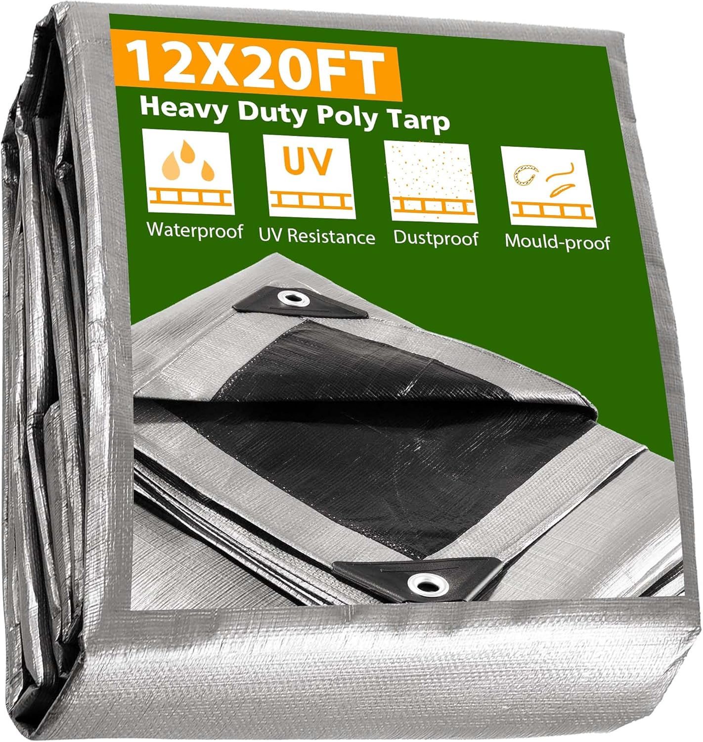 Yescom 12x20 Ft 14 Mil Heavy Duty Reinforced Poly Tarp Reversible Waterproof Tarpaulin Ground Sheet Cover Reversible Silver Black Tarps