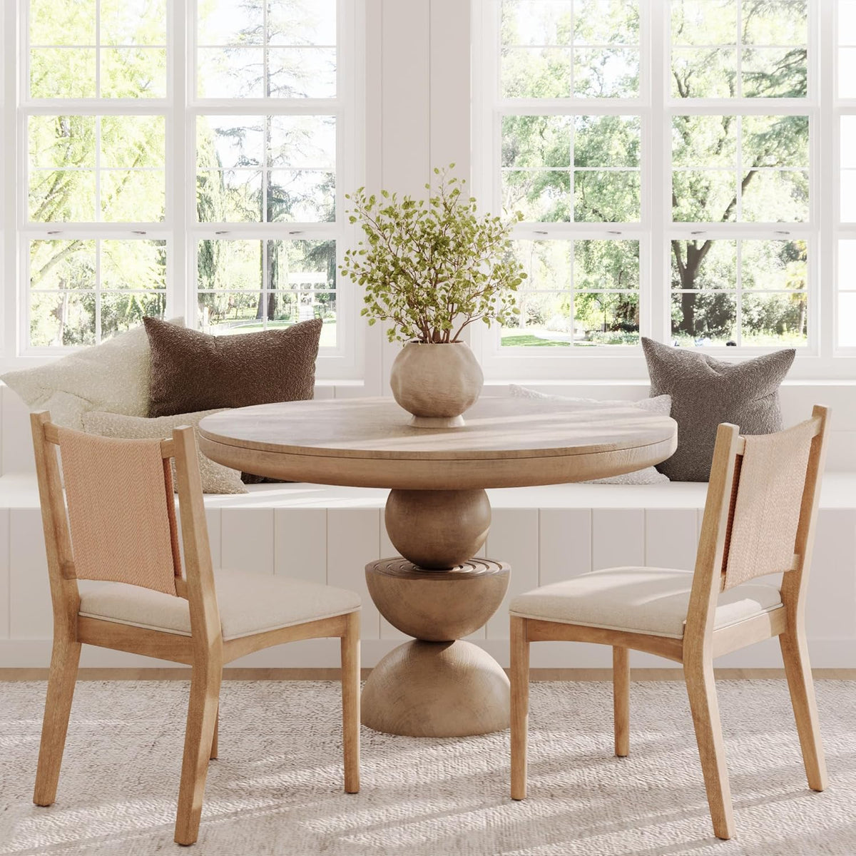 Nathan James Elodia Upholstered Dining Chair with Seagrass Back Solid Wood Modern Dining Room Chair with Natural Flax Upholstery, Light Brown