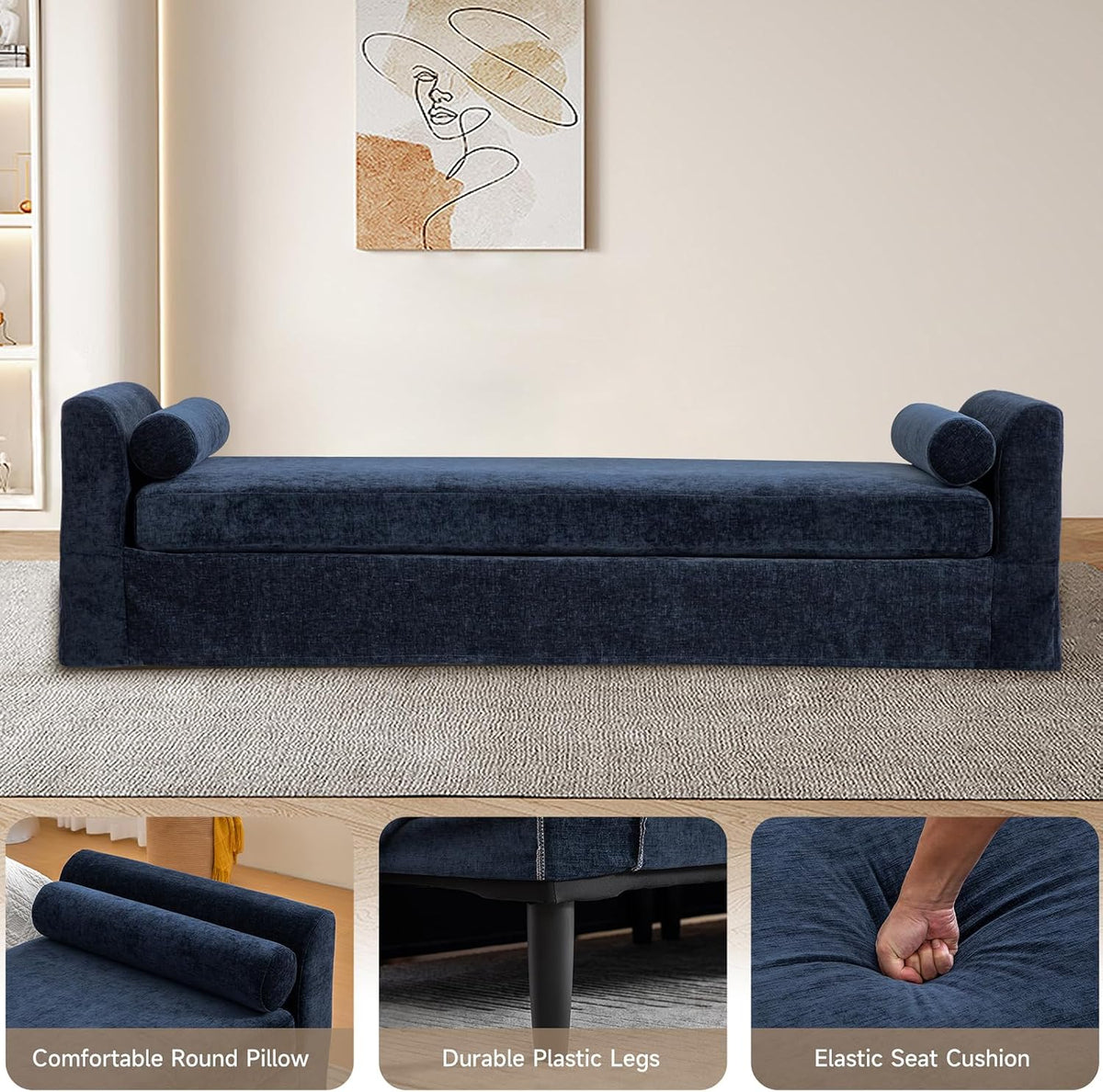 Chifee & Vingol 90.55" W Oversized Chaise Lounge Upholstered Bedroom Benches Extra-Long Indoor Bench Entryway Bench with Removable Pillows for Living Room Hallway,Navy