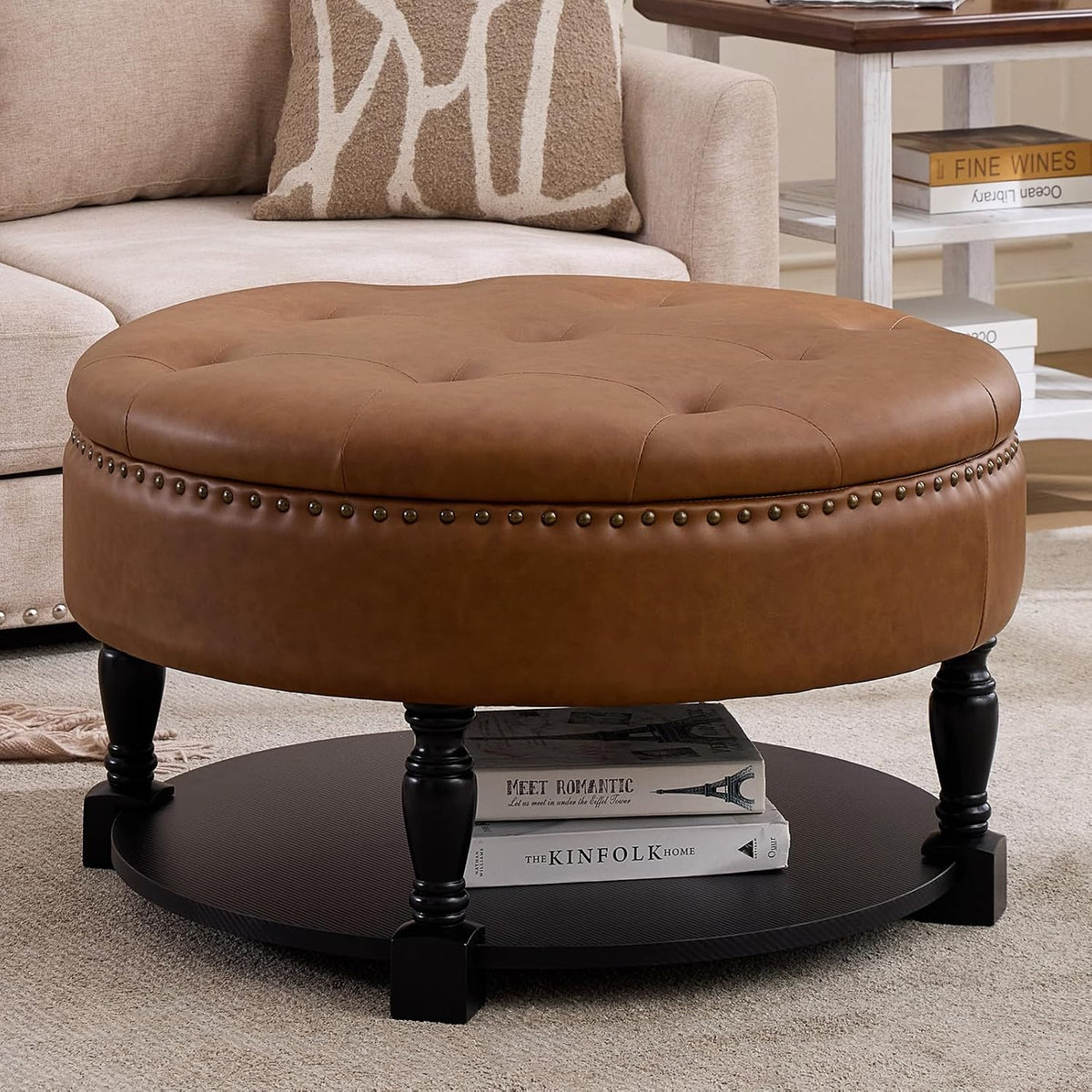 31.5 Inch Large Round Storage Ottoman with Wood Shelf Multifunctional Coffee Table Ottoman Round Storage Bench with Bottom Open Shelf for Living Room Bedroom Entryway Brown PU Leather