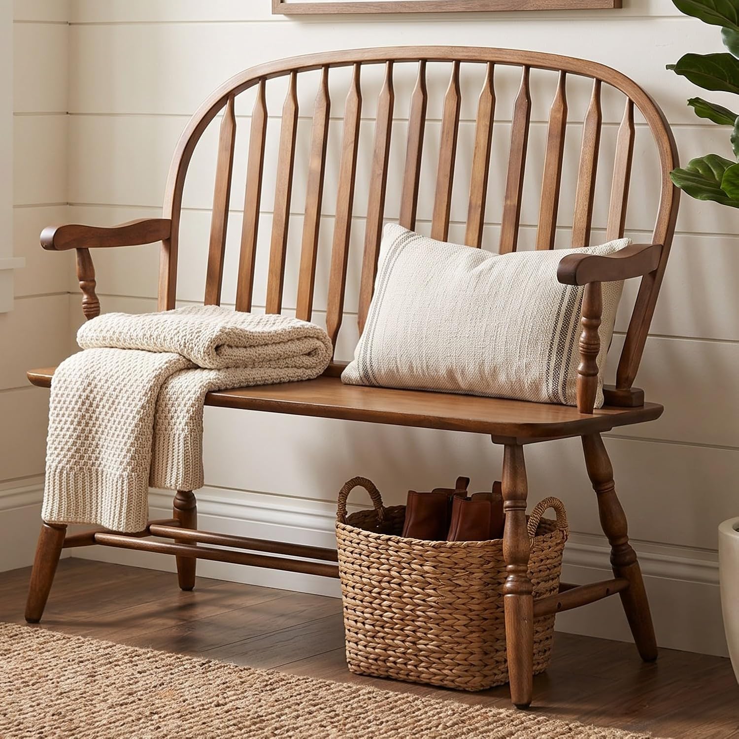 Carolina Chair & Table Farmhouse Windsor Bench – Traditional Style Spindle Back Multi-Step Finish Wooden Frame and Seat Modern Bench - 2 Person Seating Home Decorative Accent Furniture (American Oak)