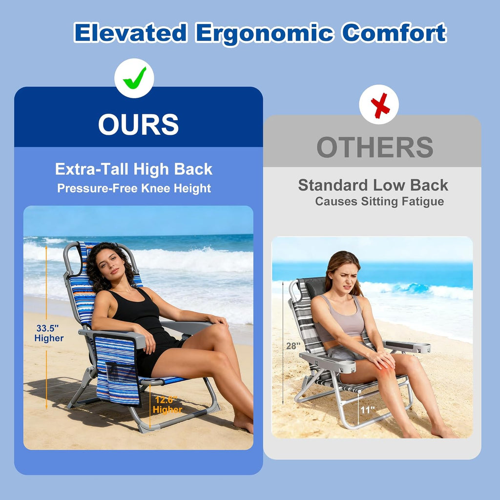 DIAMONDFORGE 2 Pack Lightweight Portable Beach Chair for Adults, 350 LBS Capacity Backpack Beach Chair, Reclining Beach Chair with 5-Position Lay Flat, Large Cup Holder for Beach Camping Sports