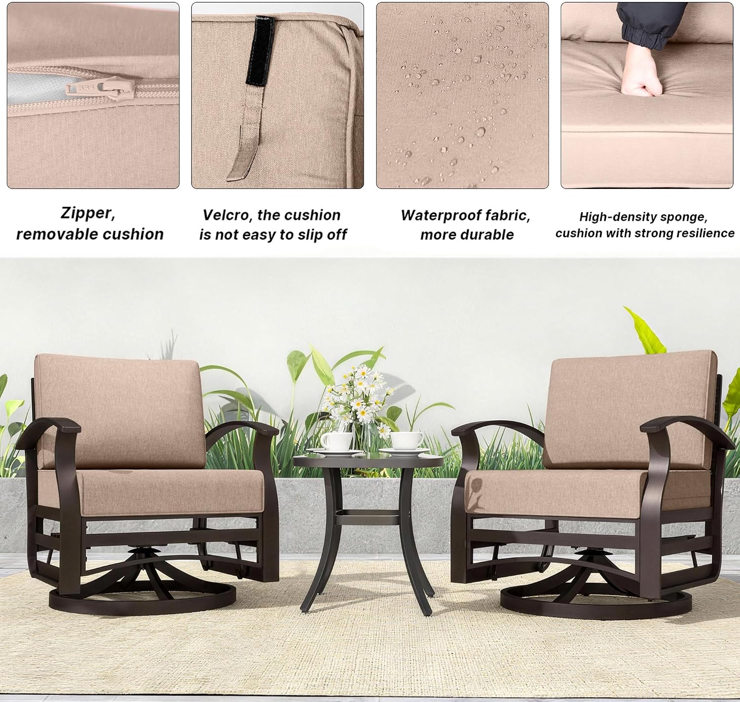 Kurapika 5 Pieces Patio Furniture Set, Outdoor Aluminum Swivel Gliders Rocker, Patio Bistro Set Rocking Chair with Thickened Cushions and Side Table(Sand)