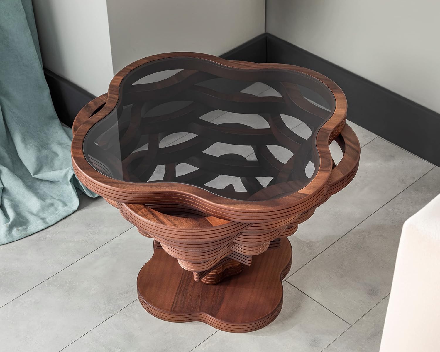 Cloud Side Modern Wood Side Table – Layered Cloud-Like Shape with Smoked Glass Top, Elegant Walnut Finish