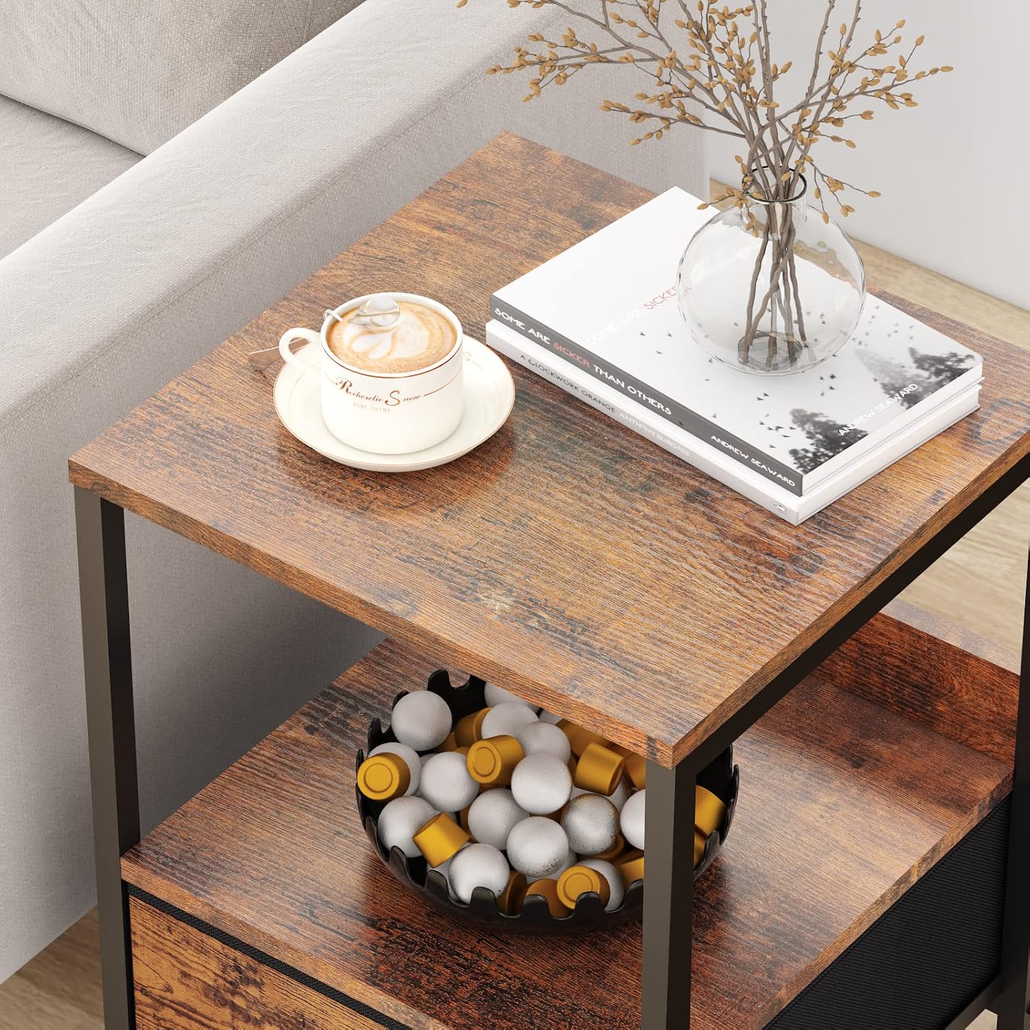 Furologee Rustic Brown Industrial Style Nightstand with Drawer, 15.7" L x 15.7" W x 21.7" H