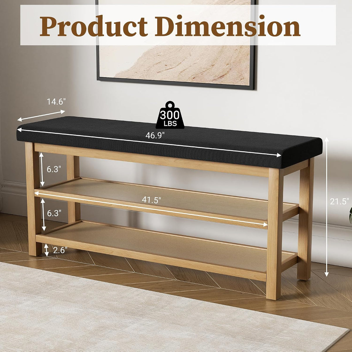 2 Tier Shoe Rack Bench with Cushion, Rubberwood Shoe Benches, Mid-Century Modern Shoe Storage Bench for Entryway, Hallway, Living Room, Closet, Front Door Entrance, Black