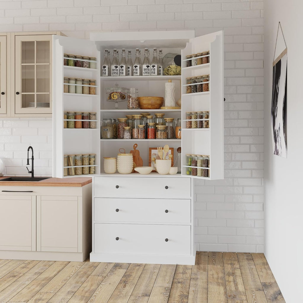 Merax 77” Pantry Cabinet, Kitchen Pantry Storage Cabinet with Drawers, Doors and Adjustable Shelves,Freestanding Buffet Cupboards Sideboard for Living Room and Dinning Room, White