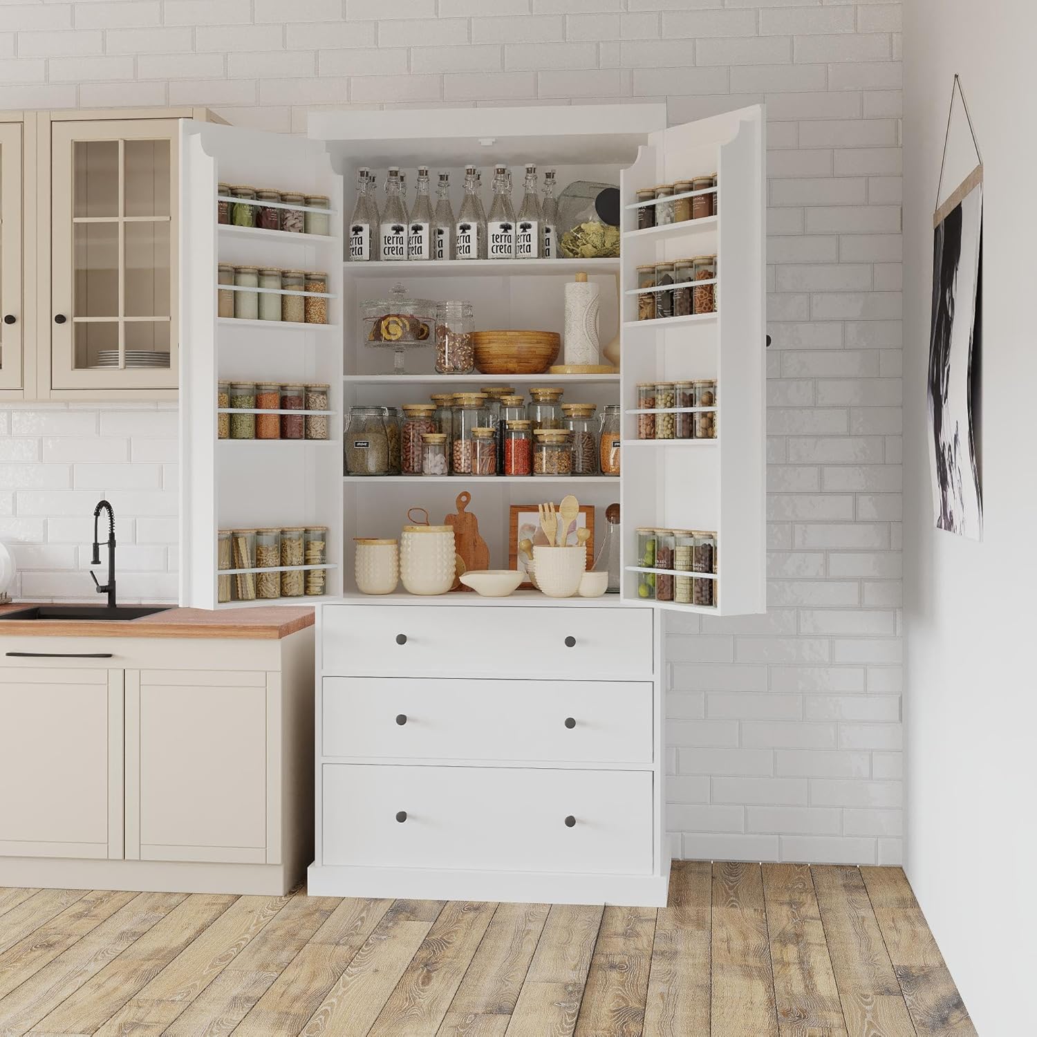 Merax 77” Pantry Cabinet, Kitchen Pantry Storage Cabinet with Drawers, Doors and Adjustable Shelves,Freestanding Buffet Cupboards Sideboard for Living Room and Dinning Room, White