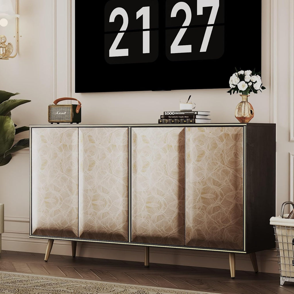 Sideboard Buffet Cabinet with Raised Shaped & Geometric Line Texture Door Panel, Accent Storage Cabinet for Living Room (Cabinet Body- Black Oak, 4 Door-15 D x 61" W x 34.5" H)