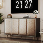 Sideboard Buffet Cabinet with Raised Shaped & Geometric Line Texture Door Panel, Accent Storage Cabinet for Living Room (Cabinet Body- Black Oak, 4 Door-15 D x 61" W x 34.5" H)
