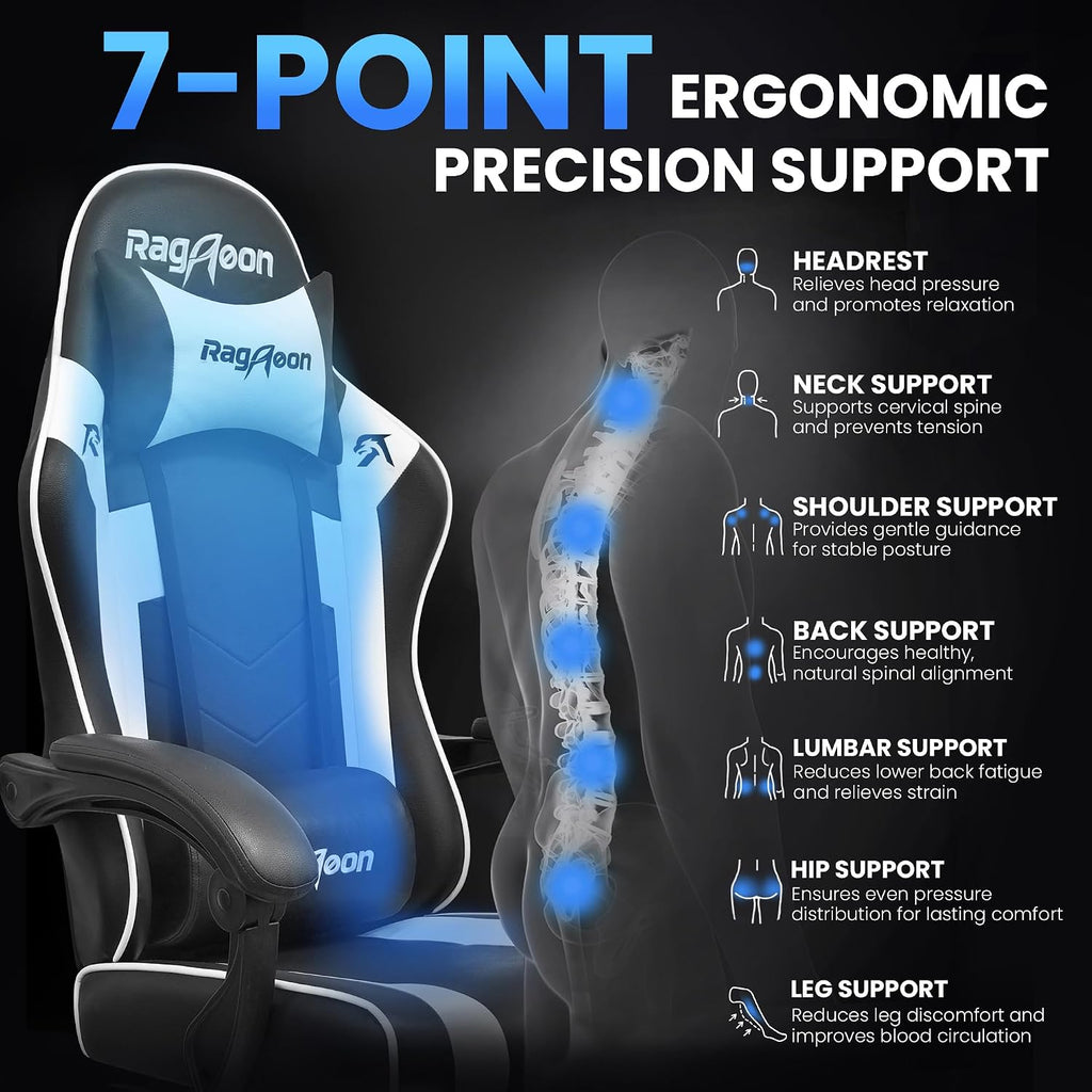 Gaming Chair for Adults Gamer Game Ergonomic PC Chair, 7-Point Support | Pocket Springs & Foam,51cm Wide Seat,Sync Armrests, 90°-135° Backrest, PU Leather, Black and White, 400lbs Load