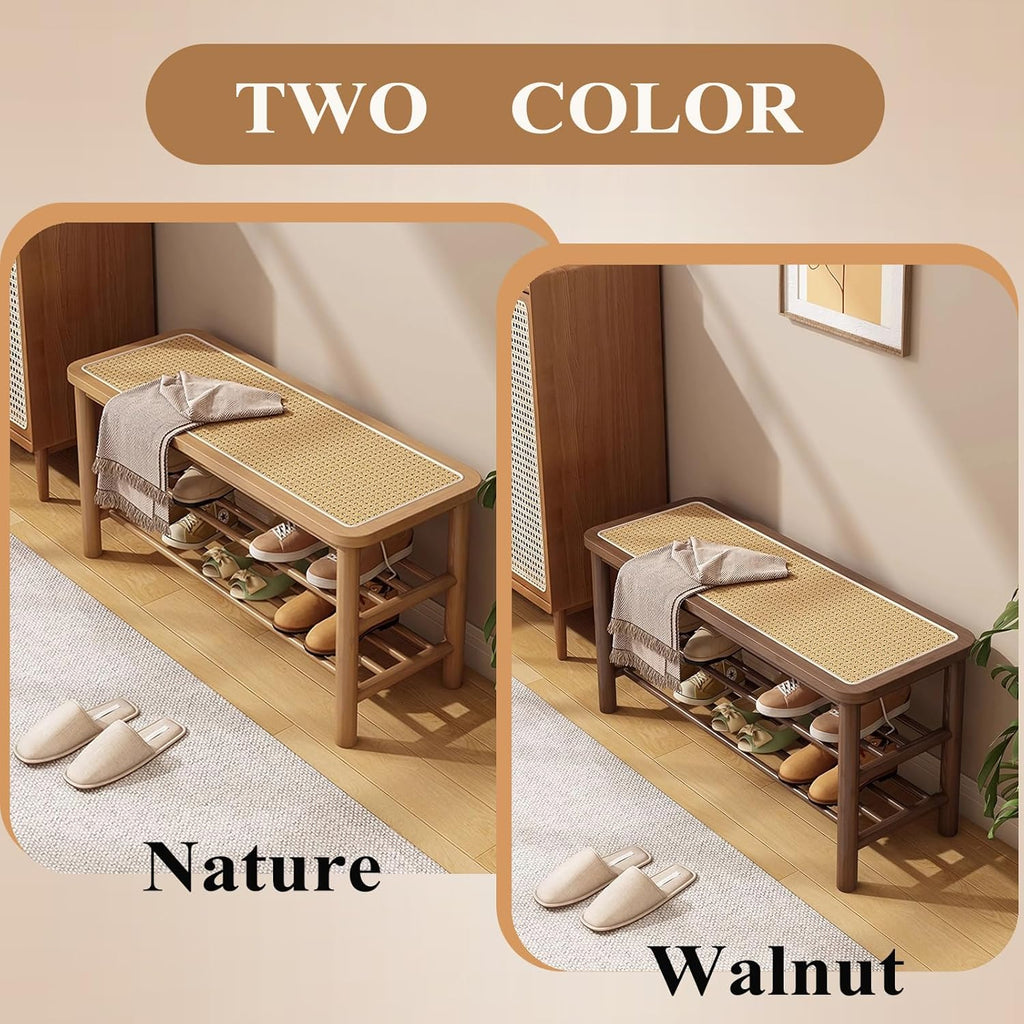 SOBIBO Bamboo Shoe Rack Bench with Rattan Seat, 3-Tier Shoe Storage Bench, Entryway Bench for Hallway,Nature-39.4 inches