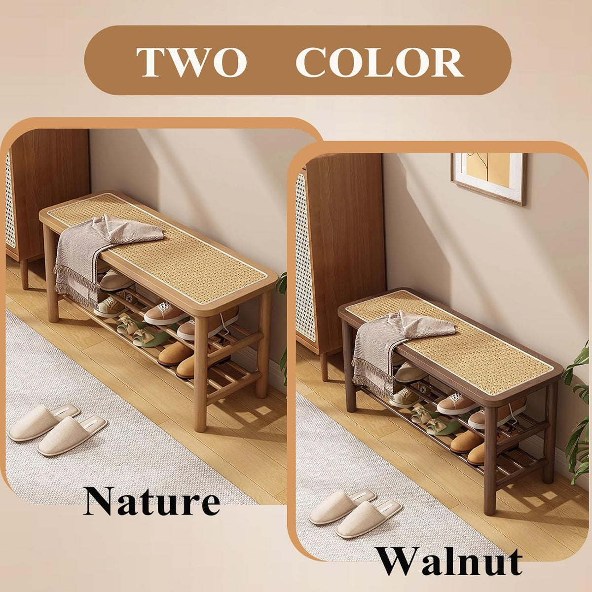 SOBIBO Bamboo Shoe Rack Bench with Rattan Seat, 3-Tier Shoe Storage Bench, Entryway Bench for Hallway,Nature-39.4 inches