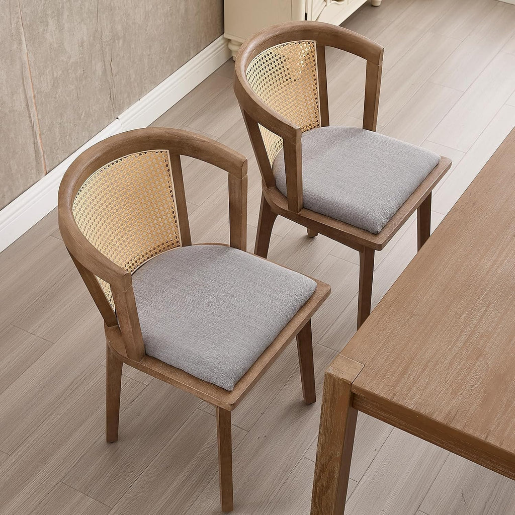 Kmax Modern Rattan Dining Chair Set of 4 Farmhouse Semi Barrel Dining Room Chair Wooden Upholstered Chair Oak Finish for Living Room Kitchen, Walnut/Grey Seat
